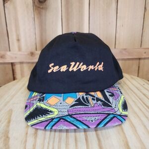 Vintage SeaWorld Hat Cap Snap Back Mens One Size Black Neon Geometric Brim 90s